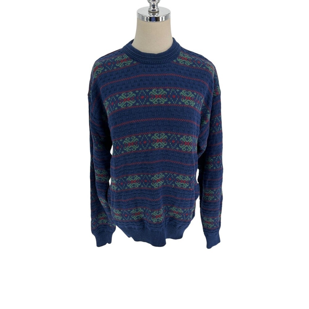 IZOD Sweater Women's Small Navy Blue Fair Isle Geometric Cotton 90s